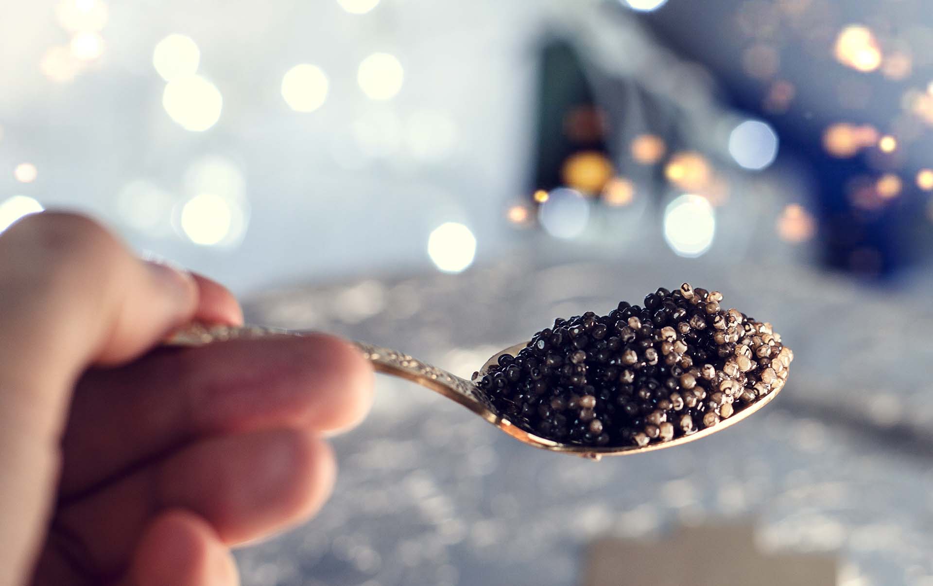 Spoon with black caviar in woman hand. Luxurious delicacy