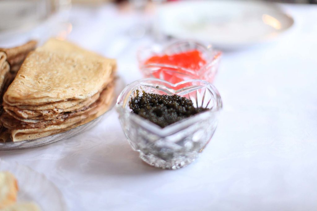 food, pankaces and black caviar
